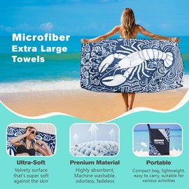 XSMEI Lobster Beach Towel Oversized 36" x 72", Ocean Animal Print, Sand Free Quick Dry Towels for Swimming Camping Sports Travel, Thin Lightweight and Compact, Navy Blue