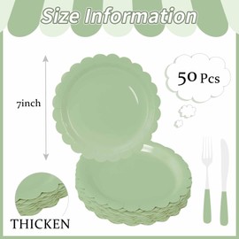 FALIZIFU 50 Pcs Sage Green Scalloped Paper Plates 7 Inch Disposable Sage Scalloped Dinner Plates for Wedding Baby Shower Birthday Party Supplies Disposable Dessert Plate