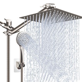 Shower Head Combo(Brushed Nickel),10'' High Pressure Rain Shower Head with 11'' Adjustable Extension Arm and 5 Settings Handheld,Powerful Shower Spray Against Low Pressure Water