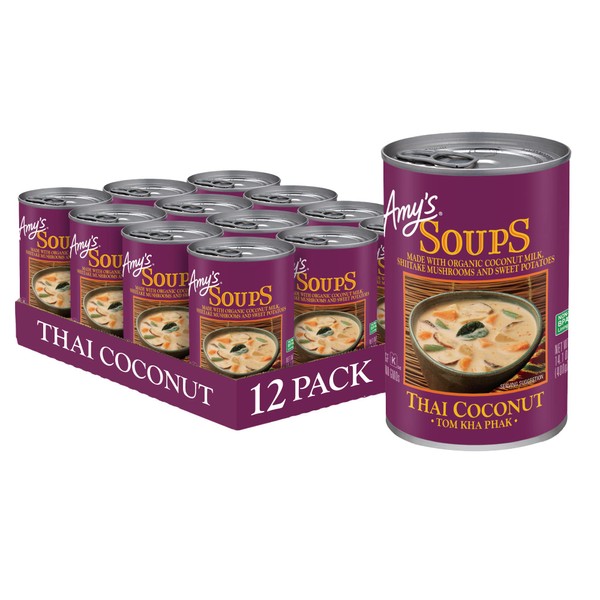 Amy's Soup, Vegan Thai Coconut Soup, Tom Kha Phak, Gluten Free, Made With Organic Coconut Milk & Sweet Potatoes, Canned Soup, 14.1 Oz (12 Pack)