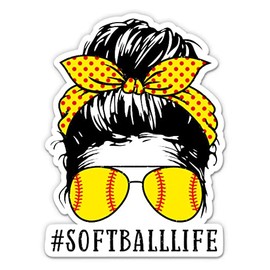Softball Life Sticker - 3" Laptop Sticker - Waterproof Vinyl for Car, Phone, Water Bottle - Messy Bun Momlife #Momlife Mom Decal