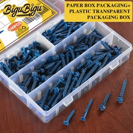 240Pcs Concrete Screws 1/4" x1-1/4,1/4" x1-3/4,3/16" x1-1/4,3/16" x1-3/4 Four Sizes Assortment Kit, Flat & Hex Head Masonry Block Brick Cement Screws for Anchoring to Masonry, Block or Brick Stucco