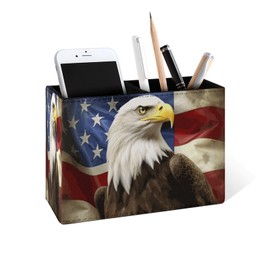 Famame America Flag with Eagle Pencil Holder for Desk, Leather Desktop Container Pen Cup Storage Study Table Pen Organizer Makeup Brush Holder for Classroom Office Home