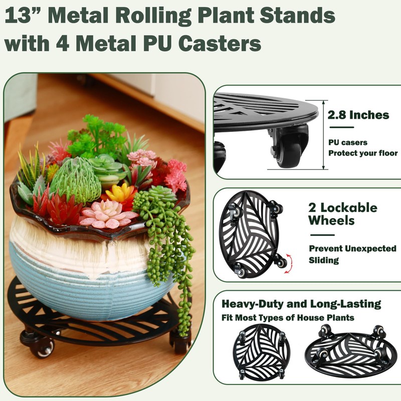 3 Packs Large Metal Plant Caddy with Wheels 13” Heavy-duty
