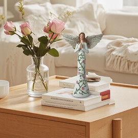 LEOKED 8" Praying Angel Figurine Gifts for Women, A Gift to Express Comfort, Remembrance and Healing, White Resin with Pink Floral Design, Detailed Wings, Suitable for Indoor Decor