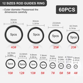 Rod Ceramic Guides Ring Set, 60Pcs Fishing Rod Eyes Repair Kit, 12 Size Fishing Rods Eye Replacement Kit Ceramic Guides Rings Replacement Set for Saltwater Freshwater