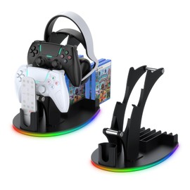 JDDWIN RGB Gaming Controller Holder, Headphone Stand with 5 RGB Lights Modes, Gaming Organizers and Storage with USB Charging and Type-C Suitable with All Headset & Remote Control & Game Discs (Black)