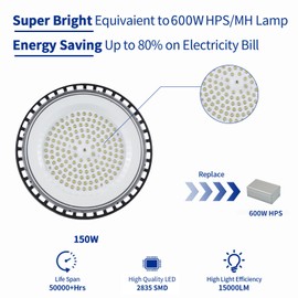 GGTH 6 Pack UFO LED High Bay Light 150W, 15000 LM, 5000K with 5ft Power Cord, US Plug, Bright LED Shop Light for Basement Commercial Factory Garage Lighting, IP66 Waterproof, AC110-277V, ETL Listded