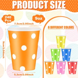 Hoolerry 240 Packs 9oz Paper Cups, Multicolor Paper Disposable Coffee Cups Hot or Cold Beverage Drinking Dots Stripe Cups for Chocolate Cocoa Dessert Cup for Christmas Wedding Event Party(Dot)