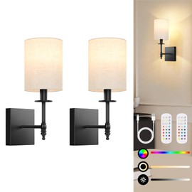 14.5 inch Battery Operated Wall Sconces Set of 2 with Remote, Rechargeable Wireless Wall Lights with Beige Fabric Shade, Indoor Not Hardwired Dimmable for Bedroom Living Room Decor
