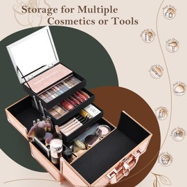 FRENESSA Makeup Case 11.8 Inch Makeup Organizer Case Large Cosmetic Box with Mirror Portable 3 Trays Travel Storage Box for Make Up Nail Tech Kits Cosmetology Case 3D Rose Gold Floral
