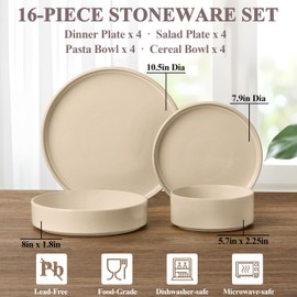 Herogo 16 Piece Dinnerware Sets with Double Bowls, Stoneware Plate and Bowls Set for 4, Speckled Dinner Dishware for Kitchen Dining, Microwave & Dishwasher Safe, Speckled Khaki
