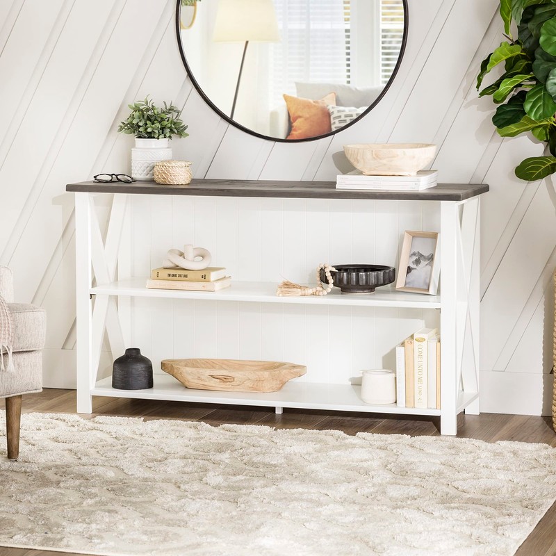 Walker Edison Solid Wood Farmhouse Storage Console, 30 Inch, White/Grey