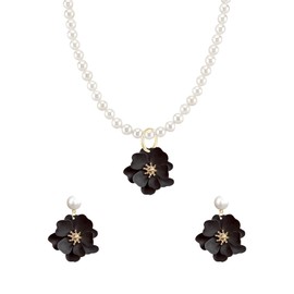 GUOXIAOMEI Floral With Bud Pearl Necklace and Earrings Set Pearl Flower Jewelry Set for Women Bridal Wedding Party, Large, Metal, No Gemstone