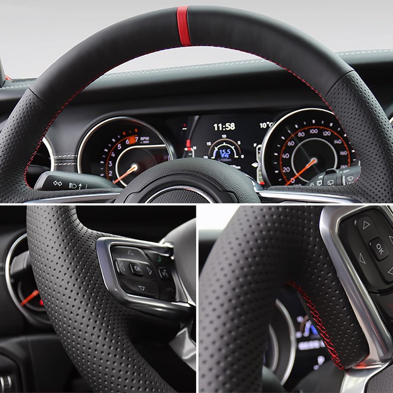 Black Side Perforated Leather Red Marker Steering Wheel Protector Cover