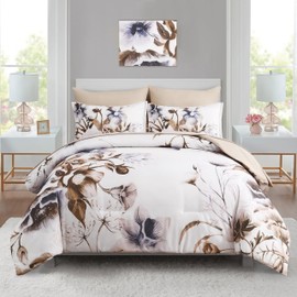 Luxudecor Floral Comforter Set Queen Size 7 Piece, Beige Flower Bed in a Bag, Elegant Floral Comforter with Sheet Set, Soft Microfiber Bedding Set for All Season (Beige, 90"x90")