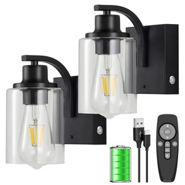 Battery Operated Wall Sconce with Remote Control, 8000mAh USB Rechargeable Wireless Wall Lamp Vintage, Dimmable Touch Wall Lights with Clear Glass Shade, for Bedroom Living Room Hallway, Black, 2PCS