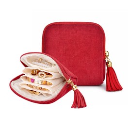 Small Travel Jewelry Pouch for Women, Compact Travel Jewelry Pouch with Layered Storage, Zippered Jewelry Travel Bag for Rings, Earrings, Bracelets, Necklaces (Classic Red)