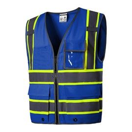 SKSAFETY 10 Pockets Safety Vest, Class 2 High Visibility Security with Zipper, Hi Vis Vest with Reflective Strips, ANSI/ISEA Standard, Construction Work Vest for Men ＆ Women （Blue, 3XL）