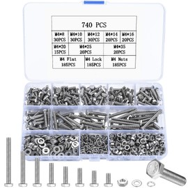 740 Pcs M4 Bolts and Nuts Set, Flat Hex Bolts, M4 Hex Bolts Sets, Metric Assorted Nuts and Bolts Assortment, Outer Hexagon Bolts Machine Screws and Nuts and Flat Washers & Lock Washers (M4)