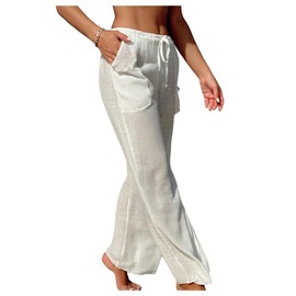 SHENHE Women's Beach Cover Up Drawstring High Waist Sheer Palazzo Pants Coverups with Pockets White Small