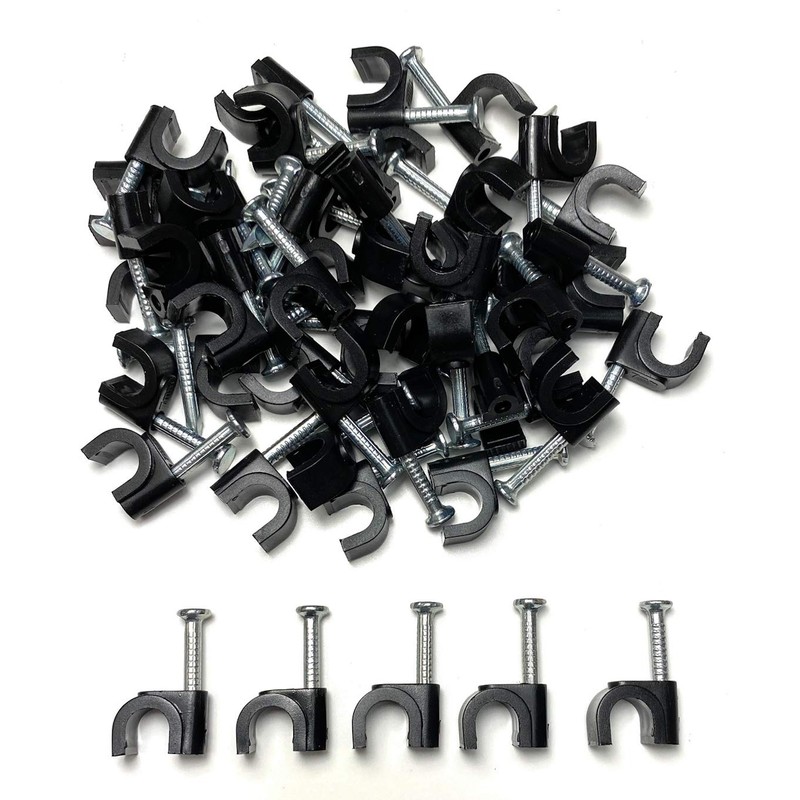 100 x Black Round Cable Clips with Nail Fixings K
