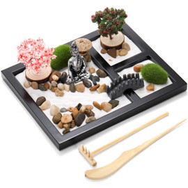 Hiceeden Zen Garden Kit for Desk, 8.5×7.5 Inches Japanese Mini Zen Garden Accessories, Sand Tray Therapy Kit Meditation Gift for Home Office Desk Decor