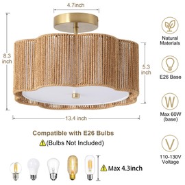 Giutna Rattan Ceiling Light Fixtures Flush Mount,3-Light Boho Light Fixtures Ceiling Mount for Bedroom,Close to Ceiling Light Modern Rattan Chandelier Lighting for Hallway Kitchen Dining Room(Yellow)