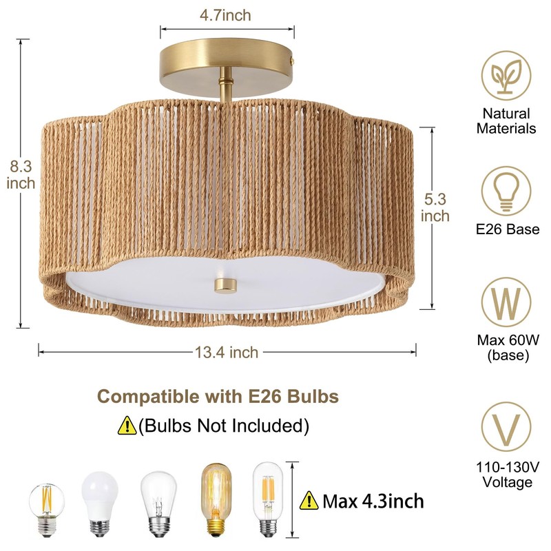 Giutna Rattan Ceiling Light Fixtures Flush Mount,3-Light Boho Light Fixtures