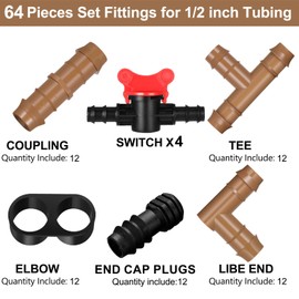 64 Pcs Drip Irrigation Fittings Kit 1/2 Inch Tubing Set Including 4 Switch Valve, 12 Elbows, 12 Couplings, 12 End Cap Plugs, 12 Tees and 12 End Closures Drip for Compatible Drip or Sprinkler Systems