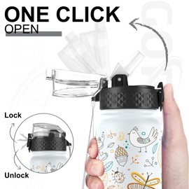 GOPPUS 600ml/20oz Stainless Water Bottle with Straw Double Wall Insulated Bottles with Strap One Hand Open Vacuum Thermal Flask Leakproof Keep Cold Drinks Bottles BPA Free for Adults (White Animal)