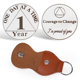 CHURYUML 1 Year Sobriety Coin with PU Leather Keychain - One Day at A Time One Year Sober Chip, Affirmation AA Coins Recovery Medallions with Courage to Change on Back, Sobriety Gifts for Women & Men
