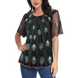 Vijiv Women's 1920s Vintage Beaded Tops Art Deco Scalloped Hem Embellished Sparkly Dressy Peacock Sequins Shirt Blouse Tunic Party