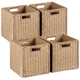 Patvingot 11x11 Inch Wicker and Paper Rope Storage Baskets (4-Pack) - Foldable Cube Organizer Bins for Shelves, Closet, Hand-Woven（Natural Beige）