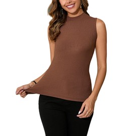 Dosieyeo Women's turtleneck top, sleeveless, elegant ribbed turtleneck with stand-up collar, soft stretch undershirt, coffee, XL