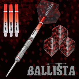 Unicorn Steel Tip Darts Set | Ballista Style 2 | 90% Natural Tungsten Barrels with Red Accents & Volute Points | 24 g