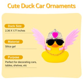 wonuu Car Dashboard Decorations Wings Rubber Ducks, Car Duck for Car Ornament Accessories with Sunglasses, Wings Pink/Pink Crown/Chain, Pink/Chain