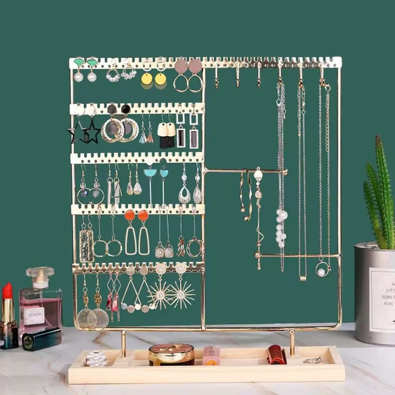 Metal Jewelry Organizer Stand with Wooden Tray, Multi-Tier Earring, Necklace,