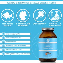 QIDOSHA Omega 3 Fish Oil Capsules with EPA and DHA, High Dose, 180 Pieces in a Glass, 1000 mg Premium Fish Oil (TG) with 500 mg EPA and 250 mg DHA, Omega 3 Fatty Acids from Sustainable Fishing, without Vitamin E