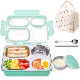 SlowTon Caja Bento, Portátil Fiambrera de Acero Inoxidable 304, 950ml Kit Completo 6 en 1 Caja de Almuerzo con Compartimentos Tazón, Palillos y Cuchara para Microondas, Perfecto para Niños Adultos