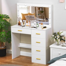 Vanity Desk with Mirror, LED Lights and Power Outlet Makeup Vanity Table with Drawers and Storage Shelves for Bedroom (DESK327)