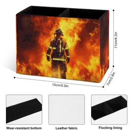Buyidec Pen Holder Pencil Holder for Desk Firefighter Standing Front Fire PU Leather Pens Pencils Holder Cup Desktop Desk Pencil Pen Organizer Makeup Brush Holder for Office School Home