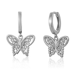 Brandlinger ® Atelier Creole Earrings with Butterfly Pendant Made of Gold-Plated 925 Sterling Silver, Size 22.5 mm, Silver