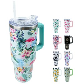 40 oz Tumbler with Handle and Straw, Stainless Steel Insulated Cup with Leak Proof Lid and Straw Lid, Keep Drinks Cold and Hot for Hours(Flamingo)