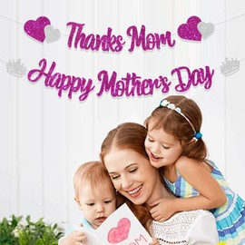 FHGG Glitter Happy Mother's Day Banner Thanks Mom Garland Happy Mothers Party Decorations for Supplies Mother Decor Garlands Sign Purple