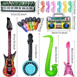 Juego de juguetes inflables de Estrella de Rock, musicales de Los,18 piezas de decoraciones de Fiesta de Los años 80 y 90,guitarras inflables, saxofón,micrófonos, Glasses.teclado,Bass,pipa lute