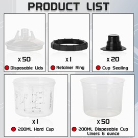 Disposable Paint Spray Gun Cups Liners and Lid System 6 Ounce (200ml) Kit with 50 Cup Liners, 50 Lids with 125 Micron Strainer, 20 Plugs and 1 Hard Cup with Retainer Ring for Primers, Coatings.