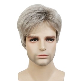 Lydell Men Wig Natural Short Straight Hair Synthetic Full Wigs (48T Light Gray with Dark Root)