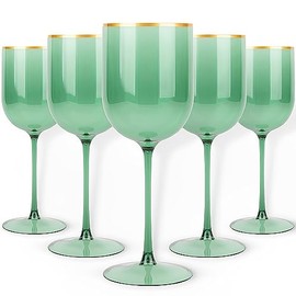 Blue Sky Green Plastic Wine Glasses With Gold Rim - 12oz (5-Pack) Reusable, Disposable Cups for Parties and Events