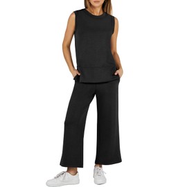 ANRABESS Women's 2 Piece Sets Summer Outfits Sleeveless Wide Leg Tracksuits Casual Sweat Sets Lounge Sweatsuits Black XX-Large